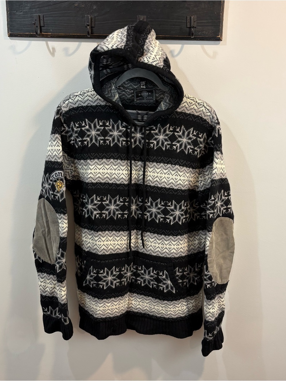 Men’s Vintage Ronin Nordic Corduroy Elbows Hooded Pullover Sweater Size Large